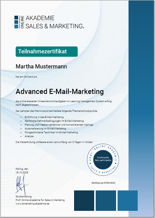 gratis Newsletter Marketing Zertifikatskurse Marketing, Vertrieb