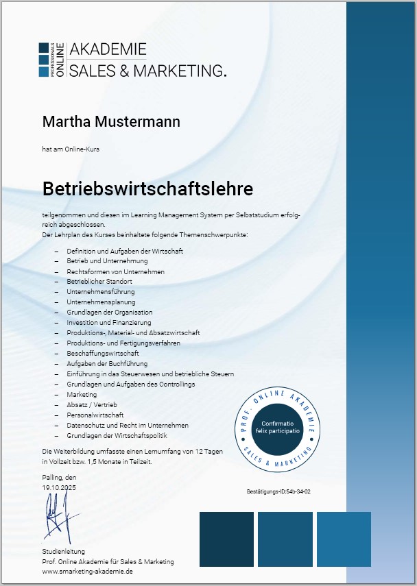 Zertifikatskurs BWL Betriebswirtschaftslehre