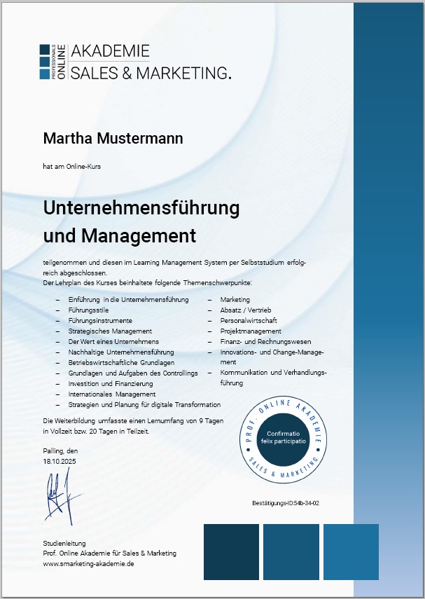 Zertifikatskurs Unternehmensführung und Management