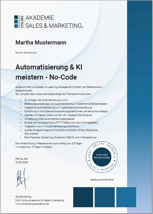 Zertifikatskurs No Code KI-Automatisierung Tools