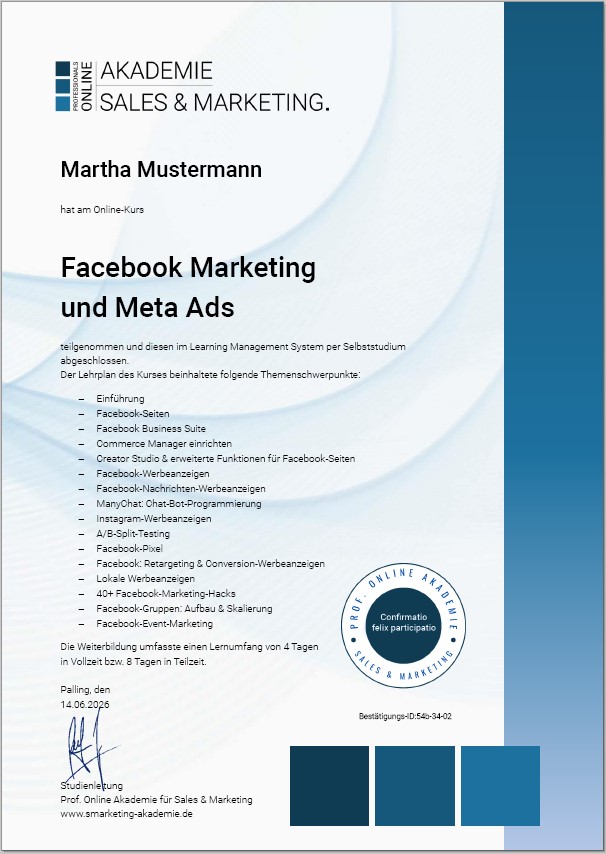 Zertifikatskurs Facebook Werbeanzeigen schalten und Marketing
