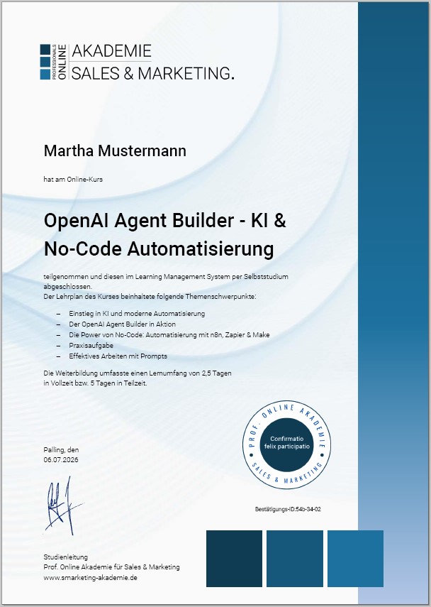 Zertifikatskurs OpenAI Agent Builder - KI & No-Code Automatisierung