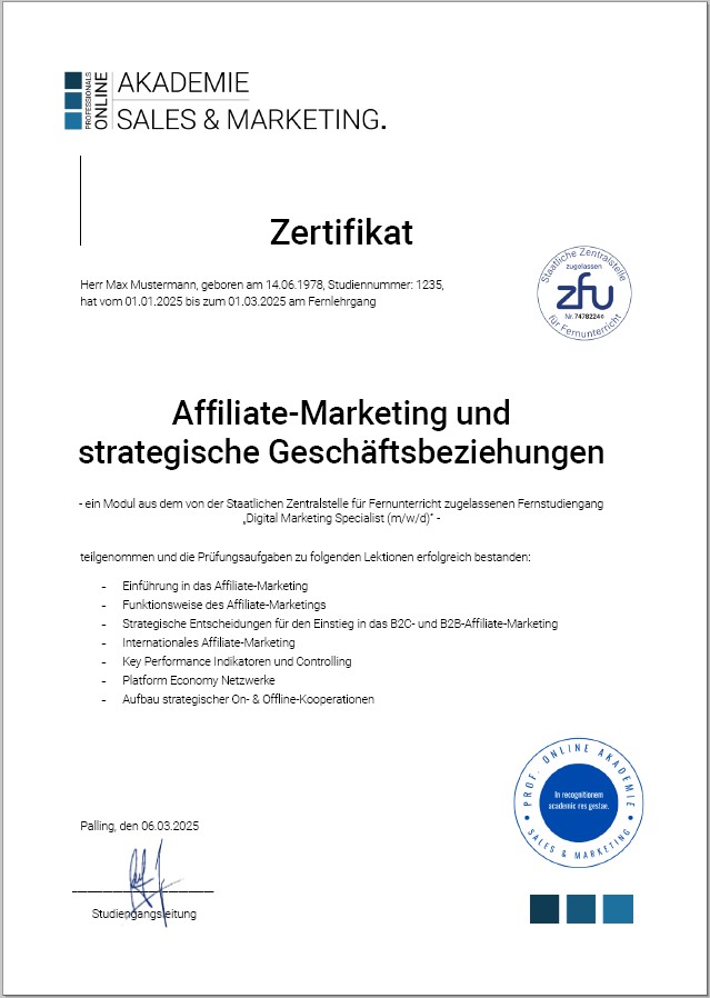 Zertifikatskurs Affiliate-Marketing Weiterbildung