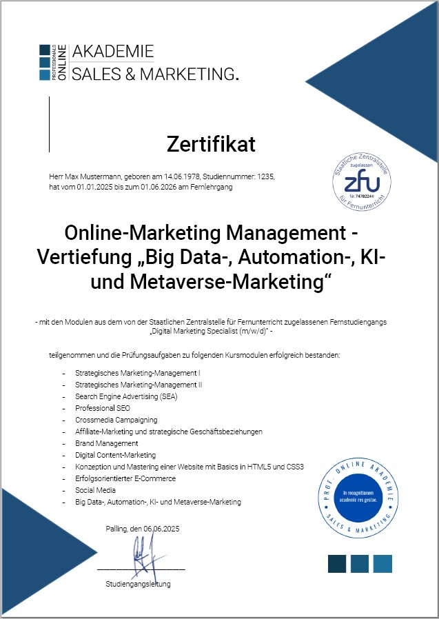 Musterzertifikat Fernstudium Online-Marketing Management mit Big Data, Automatisierung und KI