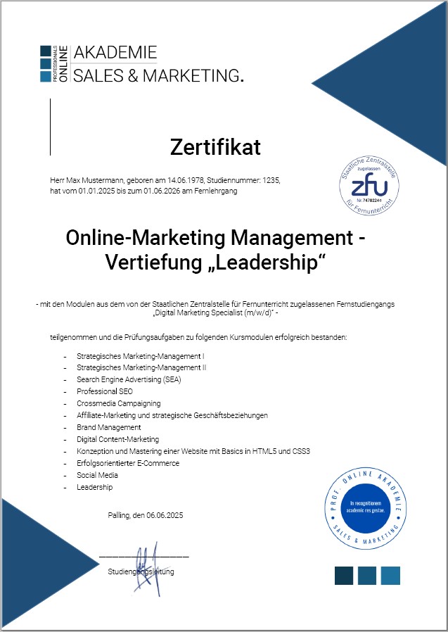 Musterzertifikat Fernstudium Online-Marketing Management mit Leadership