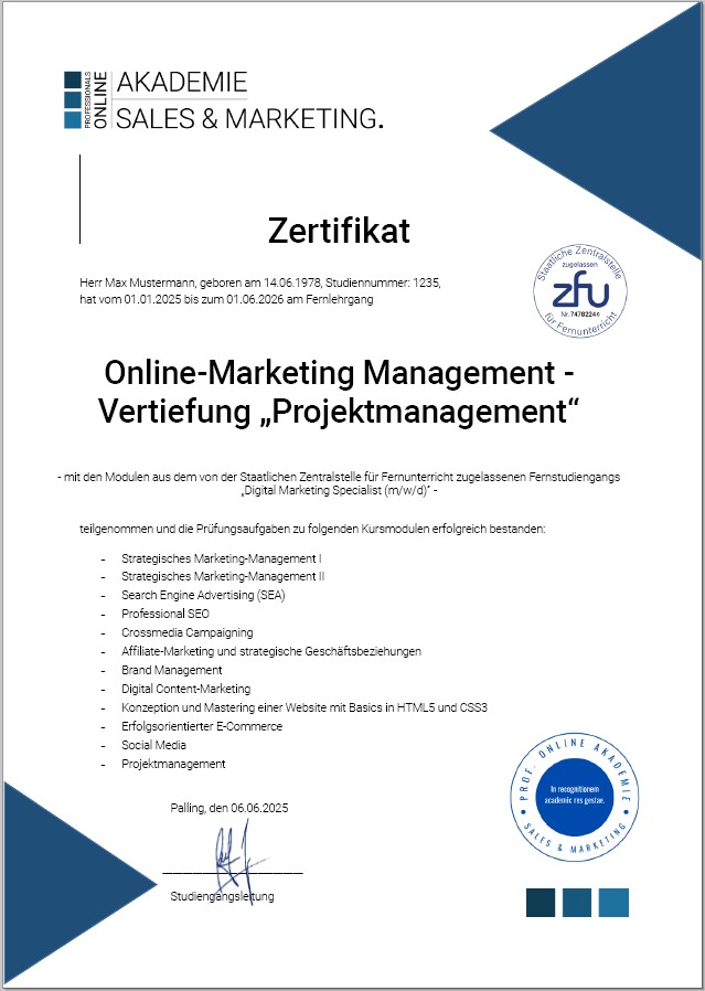 Musterzertifikat Fernstudium Online-Marketing Management mit Projektmanagement