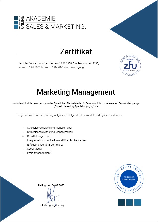 Musterzertifikat Fernstudium Marketing Manager Fernkurs Onlinekurs
