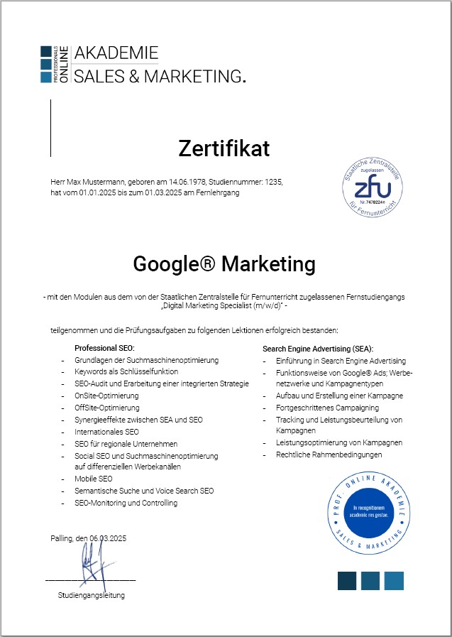 Zertifikatskurs Google Marketing