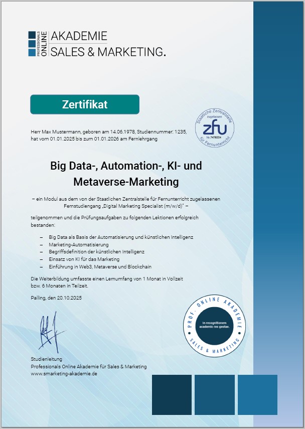 Zertifikatskurs Big Data, Automatisierung und KI Marketing Weiterbildung