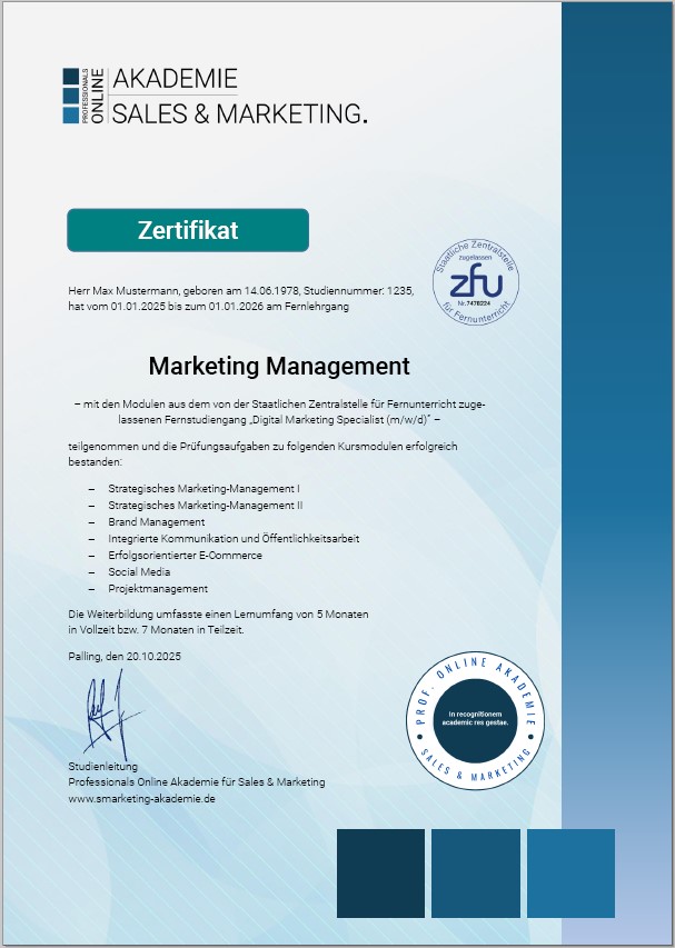 Musterzertifikat Fernstudium Marketing Manager Fernkurs Onlinekurs