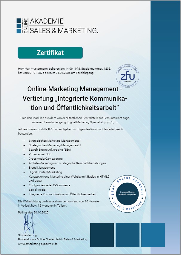 Musterzertifikat Fernstudium Online-Marketing Management mit Kommunikation und PR