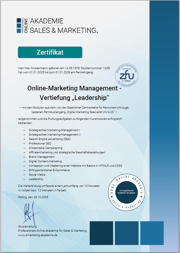 Musterzertifikat Fernstudium Online-Marketing Management mit Leadership