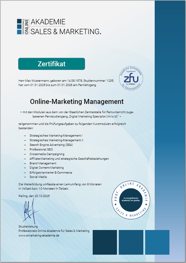 Musterzertifikat Fernstudium Online-Marketing Management