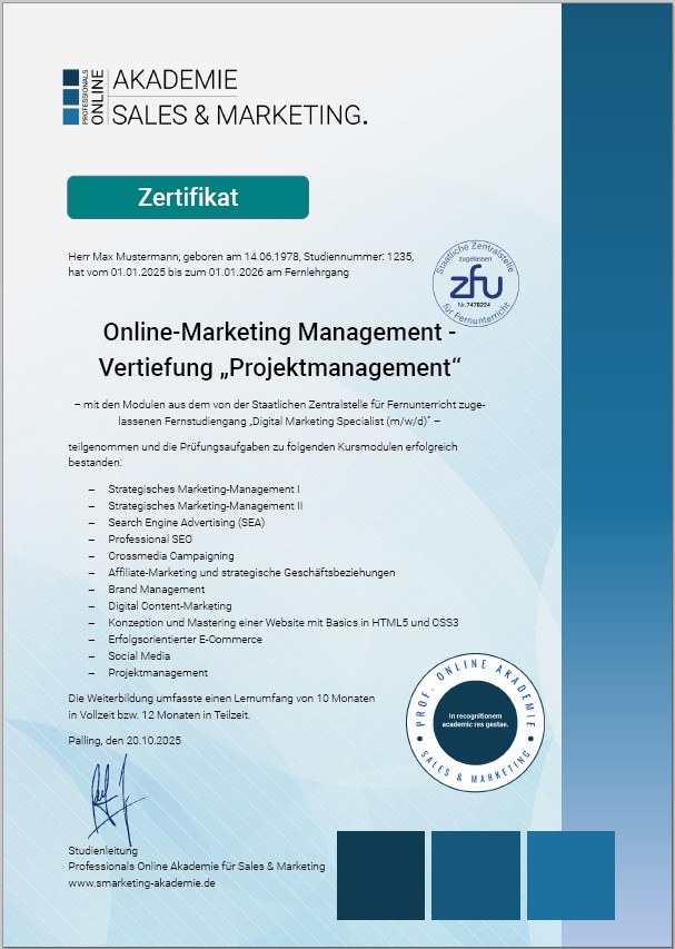 Musterzertifikat Fernstudium Online-Marketing Management mit Projektmanagement
