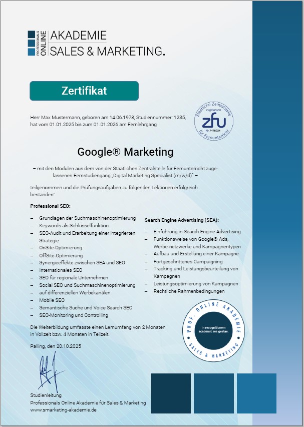 Zertifikatskurs Google Marketing