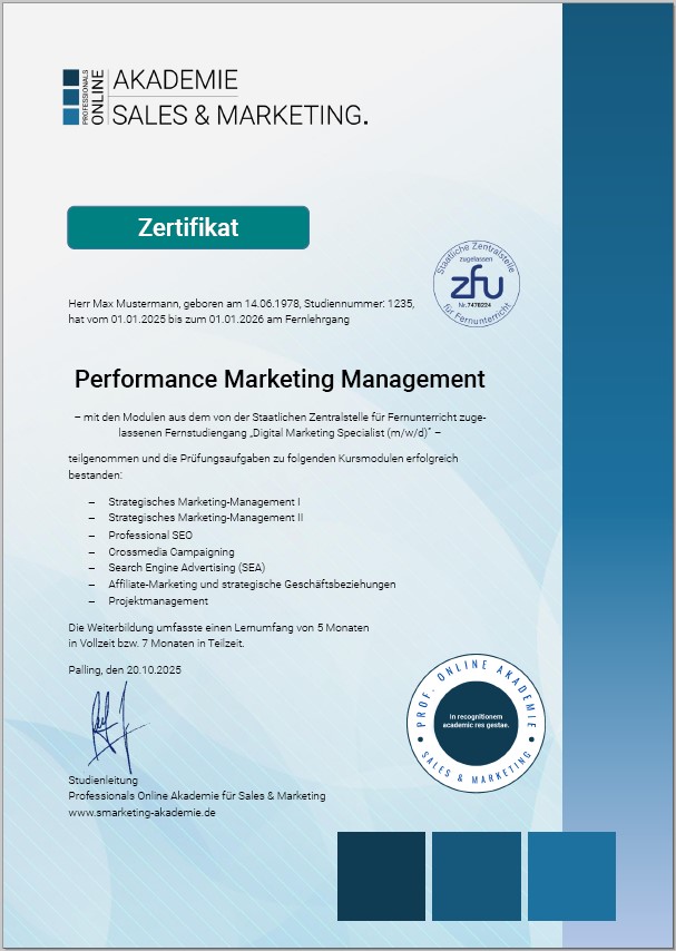 Musterzertifikat Fernstudium Performance Marketing Management
