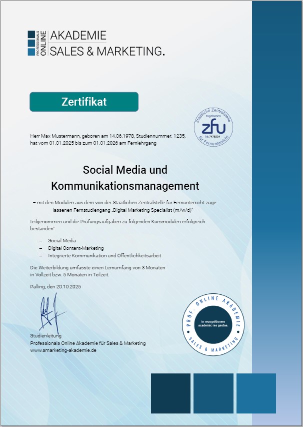 Musterzertifikat Fernstudium Social Media Management