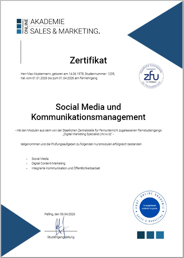 Musterzertifikat Fernstudium Social Media Management